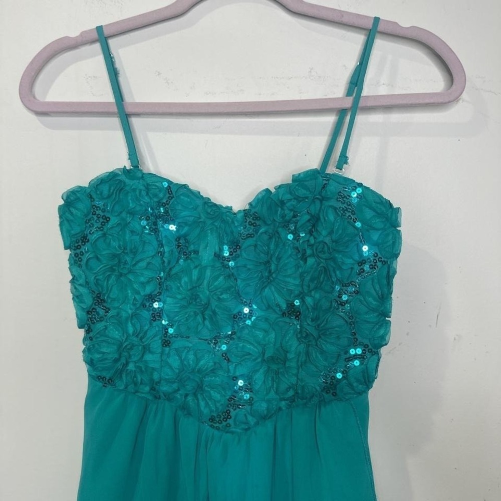Y2K Fairy Whimsical Teal high low prom dress with sequins flower detail 5 Smal - Picture 2 of 8